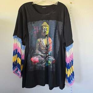 Buddha T with knit sleeves, Unisex Boho Loose Size XL-XXL